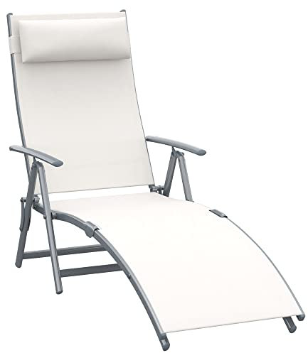 Outsunny Sun Lounger Steel Frame Outdoor Folding Chaise Texteline Lounge Chair Recliner with Headrest & 7 Levels Adjustable Backrest, Cream White