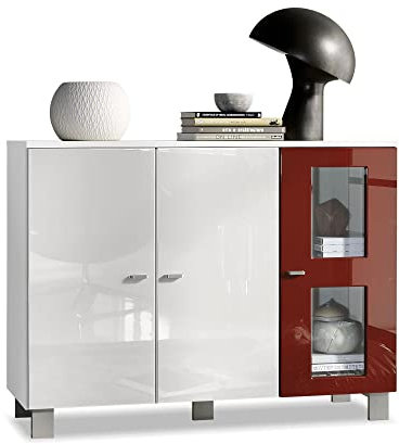 Vladon Sideboard Denjo, Made in Germany, Kommode mit 3 Türen, Weiß matt/Weiß Hochglanz/Bordeaux Hochglanz (107 x 81 x 35 cm)