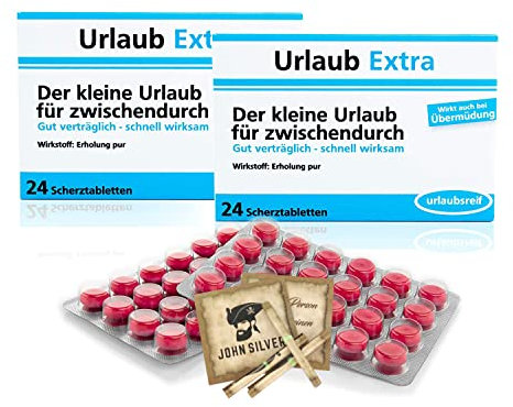 Lustige Pillen URLAUB EXTRA Pille 2er Set, als Geburtstagsgeschenk. Spaß, Anti Stress, gute Laune, Junggesellenabschied Mann und Frau. mit John Silver® Orakelsprüchen