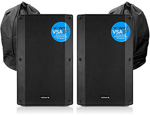 VONYX 2x VSA12BT 12 Bluetooth Active DJ Speaker Pair with Bags - 1600W Bi-Amplified Powered DJ Speakers, 12 Woofer, 1 Tweeter, Bluetooth, USB MP3 Player | active speaker pair