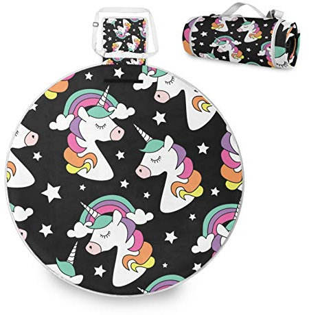 RELEESSS Runde Picknickdecke Regenbogen Einhorn Faltbar Wasserdicht Indoor Outdoor Teppich Matte für Strand Reisen Camping Wandern Park Aktivitäten