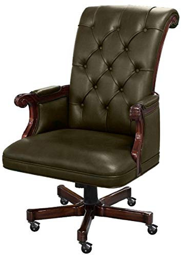 Casa Padrino Luxus Chesterfield Bürostuhl Dunkelgrün/Dunkelbraun 71 x 76 x H. 114 cm - Höhenverstellbarer Mahagoni Schreibtischstuhl mit Echtleder - Büromöbel - Chesterfield Möbel - Echtleder Möbel