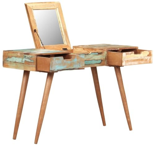 vidaXL Solid Reclaimed Wood Dressing Table with Mirror – Multicolored Finish, Eco-Friendly and Durable Material, Hidden Storage Features, Suitable for Bedroom, Handmade Craftsmanship, Ideal Dimensions