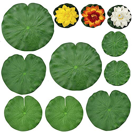 Qanye 15 Stücke Schwimmend Seerose Pflanzen, Schwimmende Lotusblätter, Wasser Lotusblätter, Künstlich Schwimmende Lotusblätter, 12 Lotusblätter und 3 Lotusblätter, für Teichdekoration
