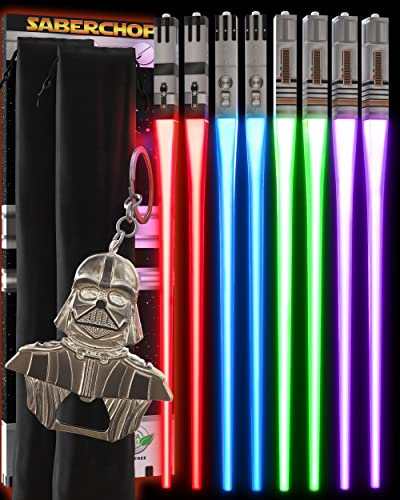 Lightsaber Chopsticks Light Up Star Wars LED Reusable Red Blue Green Purple 4 PAIRS FREE Darth Vader Keychain Bottle Opener