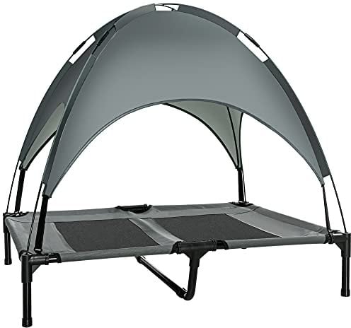 PawHut 92cm Elevated Dog Bed Cooling Raised Pet Cot UV Protection Canopy Grey