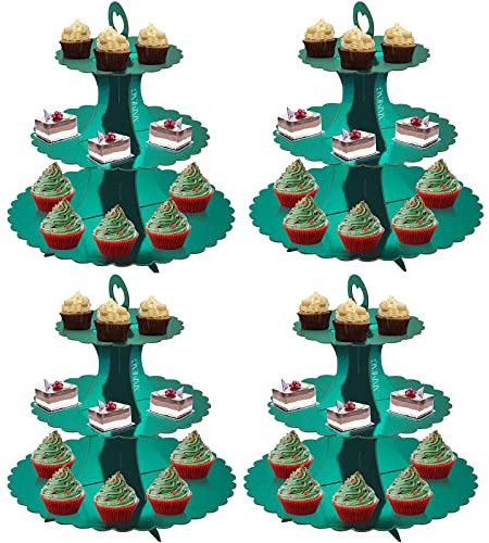 XIXIMENG 4 PACK Cardboard Cupcake Stand 3- Tier lace edge Dessert Stand, Cardboard Cupcake Stand (Green)