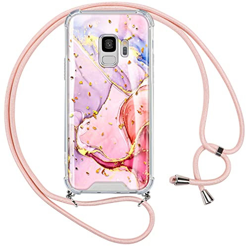 Vauki Coque pour Samsung Galaxy S9 avec Cordon,Transparent Paillette Marbre Motif Silicone Collier,Aesthetic Glitter Antichoc Bumper Case pour Samsung S9,Rose