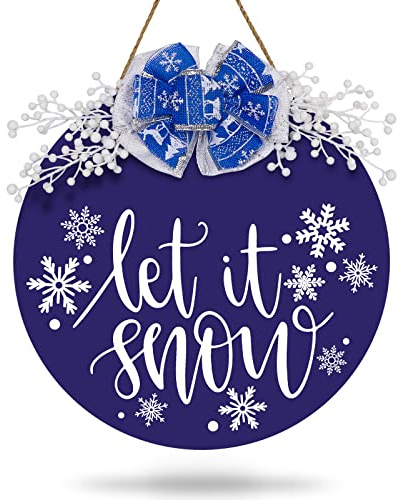 AnyDesign Weihnachten Türschild Winter Let It Snow Türschild Rustikal Blau Weiß Schneeflocke Türhänger mit Schleife Beeren für Indoor Outdoor Bauernhaus Wand Fenster Dekoration, 30,5 cm