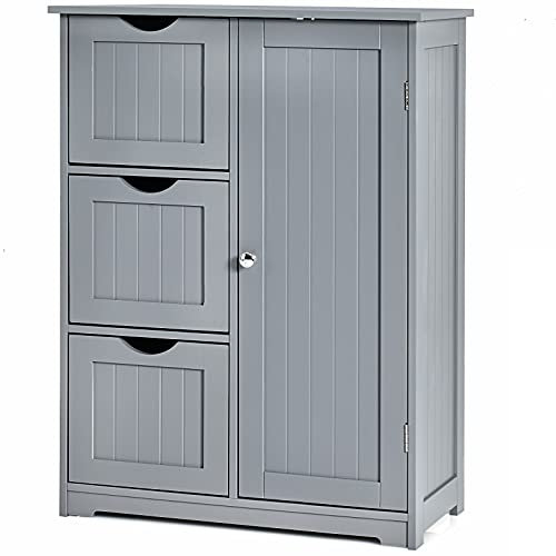 CASART Storage Cabinet, Bathroom Floor Cabinet with 1 Cupboard and 3/4 Drawers, Wooden Freestanding Cupboard for Living Room, Bathroom, Entryway and Office (Grey, with 3 Drawer)