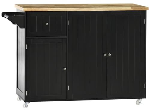 HOMCOM Desserte îlot de Cuisine Chariot de Service Multi-rangements 1 tiroir 2 placards 3 Portes avec étagère Porte-torchons Bois d'hévéa Noir