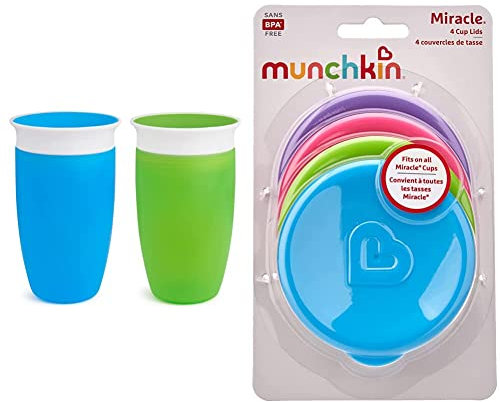 Munchkin Miracle 360 Vaso antiderrames, azul/verde, 296 ml, pack de 2 & Miracle Cup Lids, Fit All Miracle Cup Styles, Multicoloured, Pack of 4
