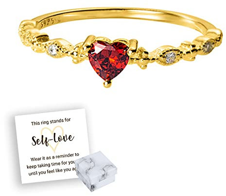Take Time For Yourself Heart Ring, Cute Dainty Women's 14K Gold PlatedHeart-Shaped Ruby Ring, Adjustable Self Love Heart Ring, Engagement Ring, Promise Ring, Heart Ring (Gold)