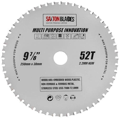 TCT25052TMPT Saxton TCT Multi Purpose Innovation Circular Saw Blade 250mm x 52T Wood and Metal fits Bosch Dewalt Ryobi Makita etc