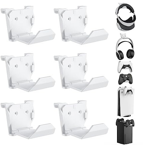 KUNSLUCK Lot de 6 supports muraux pour manette PS5, Xbox, manette de commutateur, support mural pour manette et casque, installation adhésive/vis (blanc)