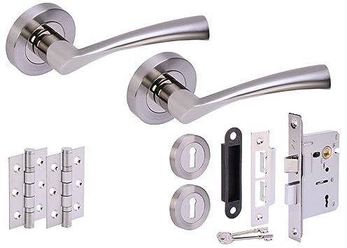 HANDLEZONE® Lobo Door Handles on Rose 3 Lever Lock Pack with 75mm Ball Bearing Hinges and 76mm Lock - Dual Polished/Satin Nickel