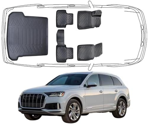 Trimak Passgenau 3D Fussmatten & Kofferraumwanne Auto Set Kompatibel mit Audi Q7 4M 2015-2024 Auto Zubehör Gummimatten & Kofferraummatte Autos TPE Allwetter Geruchlos rutschfest Schwarz