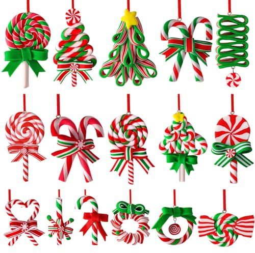 AUGSUN 16Pcs Christmas Lollipop Ornaments, Candy Christmas Tree Decorations Colorful Mini Candy Cane Hanging Ornaments Polymer Clay Peppermint Pendants for Xmas Tree Party Home Decorations