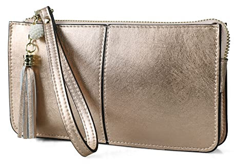 befen Clutch aus echtem Leder für Damen, kleine Damen-Clutch, Geldbörse mit Handgelenkschlaufe, champagnerfarben / goldfarben, Kompakt oder mit Handgelenk