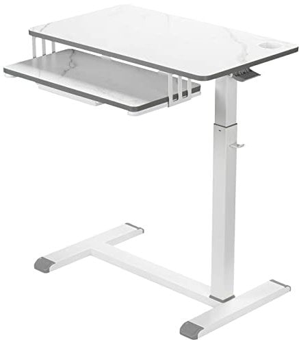 ETHU Workstation Table with Wheels, Small Office Writing Desk with Drawer, Hospital Bedside Rolling Laptop Table (Marble White)
