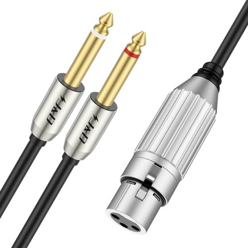 J&D XLR Female to Dual 1/4 Inch TS Cable, XLR to 6.35mm TS Mono Plug Stereo Audio Y Splitter with Gold Plated Connectors and Nylon Braid for Microphones, Audio Interfaces, Studio Equipment, 1 m