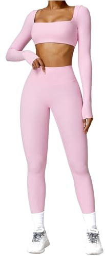 ABOCIW Workout-Sets für Damen, 2-teilig, Twist-Front, langärmelig, bauchfrei, hohe Taille, ausgestellte Leggings, Fitnessstudio-Sets, Z-pink, Medium