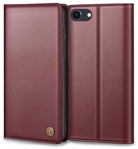 Handyhülle für iPhone SE 2022/2020 Hülle, Premium Lederhülle Schutzhülle Tasche für iPhone SE/8/7 Hülle Wallet Kartenfach Standfunktion Klappbar Flip Case für iPhone SE Hülle, Weinrot