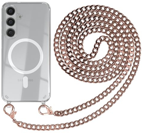 EAZY CASE - Handykette kompatibel mit Samsung Galaxy S24 Kette zum Umhängen Stoßfest Handyhülle für Galaxy S24 Silikon Hülle mit Band aus Metall Handytasche Transparent als Fallschutz in Rosé-Gold