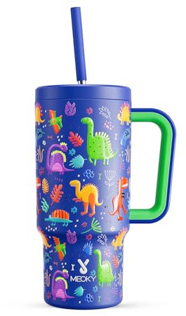Meoky 24 oz Tumbler with Handle and Straw, 100% Leak-proof Tumbler with Lid and Straw, Insulated Stainless Steel Travel Coffee Mug, Keeps Cold for 24 Hours (Dinosaur)