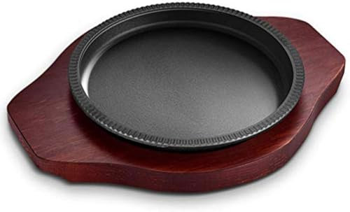 Plato de carne de hierro fundido de forma redonda con base de madera, parrilla de servidor para restaurante, hogar, 23 cm