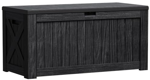 Greesum Grande contenitore da esterno in resina da 300 litri, per cuscini da patio, attrezzi da giardino, forniture per piscina, resistente alle intemperie, con serratura, nero