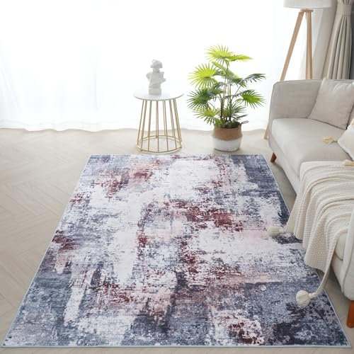 Xfrog Abstrakter Moderner Waschbarer Teppich für Wohnzimmer, Kurzflor Flächenteppich für Schlafzimmer, Kinderzimmer Rot-Grau 160x230CM