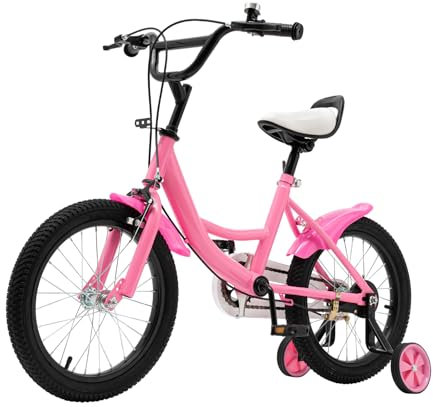 Konfiur Kinderfahrrad 16 Zoll Mit Stützrädern, Höhenverstellbar, Urban Mädchenfahrrad 3 Rad, Neutral Radfahren Trainingsrad Für 5-8 Jahre 105-135cm Höhe, Rosa