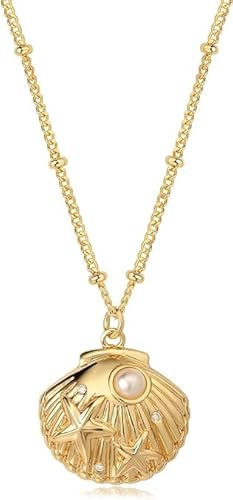 Jenosy Zierlich Gold Muschel Anhänger Halskette Ozean für Frauen - 18K Gold plattiert, Boho Handmade Sommer Strand Schmuck mit Muschel- und Perleneinlage