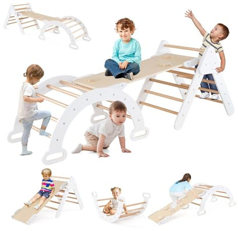 GOPLUS 7 en 1 Triangle Arche Montessori, Arche d'escalade Enfants avec Toboggan Bois,Rampe, Échelle Réglable, Charge 50KG, pour Tout-Petits Bébé 1 Ans+(Gris)