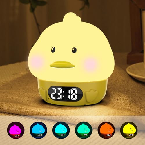 Cuteefun Digitaler Wecker mit Licht, Ente Nachtlichter für Kinder, Wiederaufladbare Wecker Digital, Dual Alarme, Snooze, 9 Farbmodi, Berührungssensor Nachtlicht Dimmbar für Raumdekoration