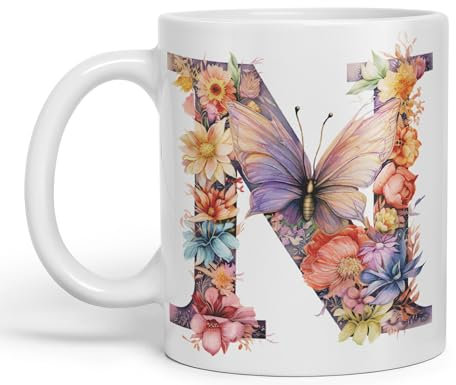 Vixar Letter N Mug, Floral Flowers Butterfly Alphabet Letter N Monogram Watercolour Ceramic Coloured Mug Cup for Tea Coffee Hot Brew 330ml 11Oz Gift (White)