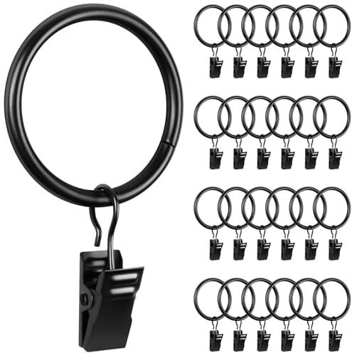 Caianwin 25 Pcs Curtain Rings with Clips Rustproof Black Metal Curtain Clips with Hooks 32mm Internal Diameter Hanger Rings for Home Rod, Drapes and Displays