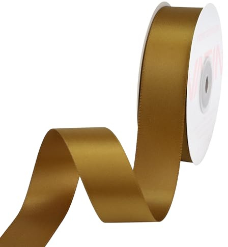 VATIN Double Face Antique Gold Satin Ribbon 1 Continuous 50 Yards,Gold Polyester Fabric Ribbon use for Bows Bouquet, Gift Wrapping, Floral Arrangement Wedding Decoration