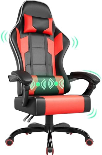 Airfish Bürostuhl Ergonomisch Gaming Stuhl Massage Gaming Sessel mit Kopfstütze Massage-Lendenkissen, Gepolstert Gamer Chair, Drehsessel,150kg Kapazität,Schwarz-rot