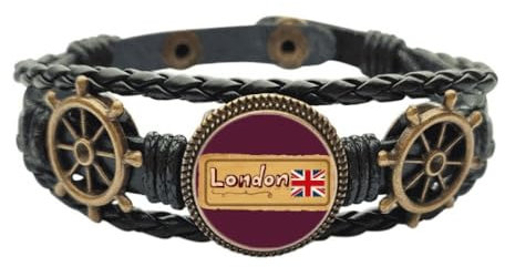 Union Jack UK London Stamp Britisches Leder Geflochtenes Ozean-Armband, M, Metall
