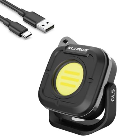 KLARUS CL5 - Lámpara de camping, lámpara de trabajo recargable 1200 mAh, linterna de camping 650 lm con 8 modos de iluminación, base magnética, función gancho, IPX5 para camping, al aire libre Negro