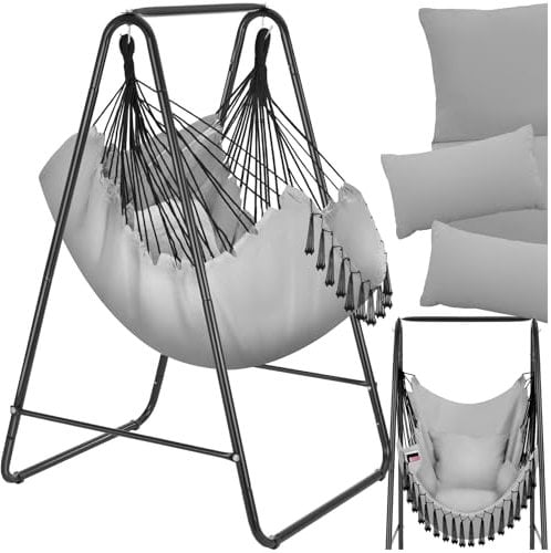 tectake® Silla Colgante Boho, Estructura De Acero, Borlas Decorativas, Cojines Gruesos, Bolsillo Lateral, Interior Y Exterior, Hamaca Sillón Colgante para Jardín, Terraza, Salón, Dormitorio - Gris