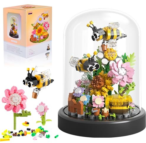 HGRGHH Bloques de Construcción de Árbol Bonsái, Juego de Construcción de Flores de Abeja, con Cúpula a Prueba de Polvo, Juego de Bloques de Construcción Niños y Adultos, Decoración del Hogar 588PCS
