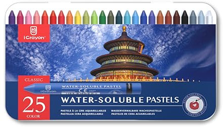 iCrayon Water-Soluble Pastels, Watercolor Pastels Artist Set with Sharpener, Palette & Brush for Vibrant Art Creations 25 Colors