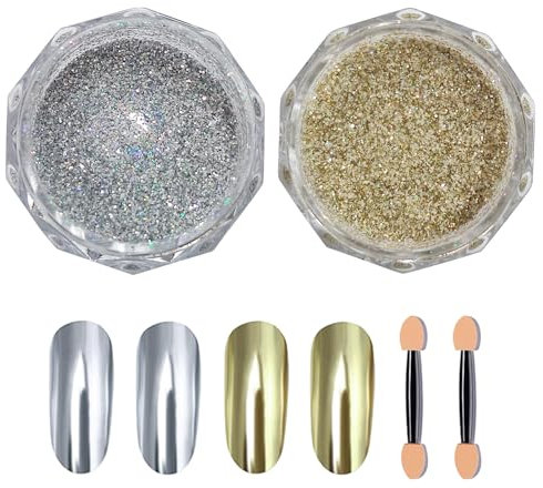 Chrome Nail Powder 2 PCS Pigment für Nägel Chrome Powder Nails Pigmente Nägel Spiegeleffekt Metallic-Chrom-Pudernägel Glitzernägel Pudernageldesign Chrompulver für Nagel-DIY