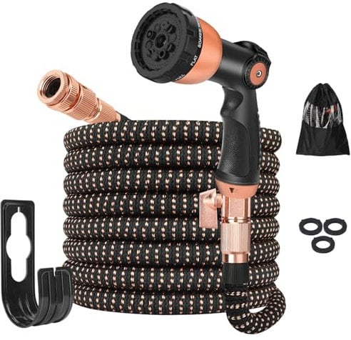 25ft Garden Hose - Expandable Garden Hose Pipe, Flexible Water Hose with 10 Function Spray Gun, No-Kink, Anti-Leakage and Easy to Use Expanding Hose with 3/4, 1/2 Solid Brass Fittings