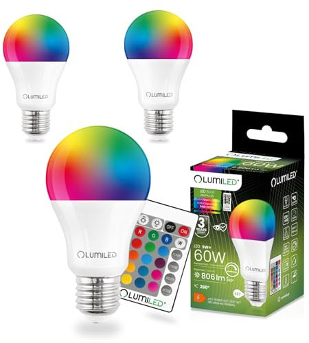 Lumiled A60 E27 LED Lampe, 9W (ersetzt 60W), 806 Lumen Leuchtmittel, RGB +3000K Birnen Lampen, Dimmbar, 260° Grad Strahlwinkel Glühbirne 3er-Pack Farbwechsel Tropfen mit Fernbedienung