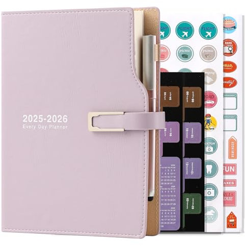 Akademischer Kalender 2025–2026, A5-Format, ein Tag pro Seite, von Juli 2025 bis Juni 2026, Planer mit Kalenderstickern, mit Stifthalter und Stift, aus hochwertigem, dickem Papier, 14 x 21,5 cm