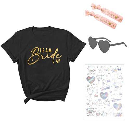 Moerstar Camiseta Team Bride para mujer, juego de camiseta Team Bride con camisetas para despedida de soltera y tatuajes, pulseras para novia, camiseta para despedida de soltera